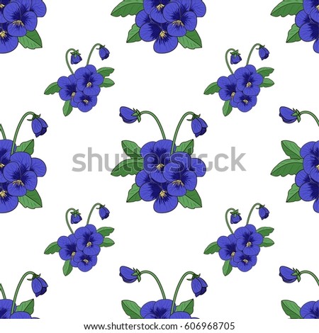 Seamless vector pattern. Bright pansy flowers pattern on the light orange background.