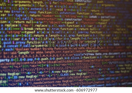 Computer programming coding screen source script of developer software at computing work. Modern digital data bits of technology, abstract background on monitor.  Black background
