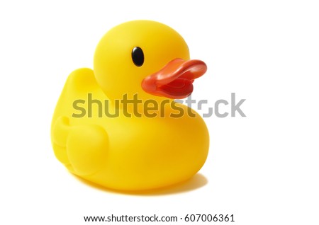 Yellow rubber duck isolated on white background Royalty-Free Stock Photo #607006361