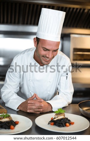 Handsome chef looking at meal in a commercial kitchen