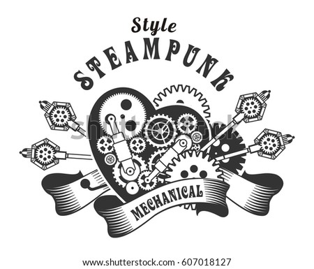 Mechanical heart in the style of Steam punk black and white with gears and gears