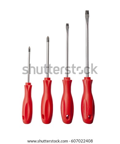 Four red shiny metal and plastic tool screwdriver for repair Royalty-Free Stock Photo #607022408