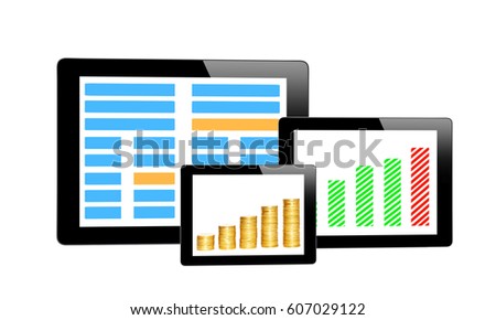 Black Touch Screen Tablets with Financial Icons isolated on white background