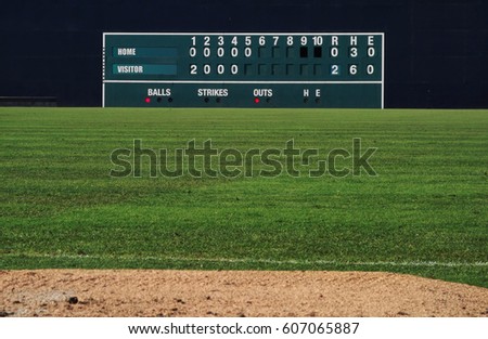 VIntage manual baseball scoreboard in the outfield                                Royalty-Free Stock Photo #607065887