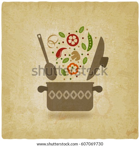 vegetarian menu or recipe book design. pot with vegetables vintage background. vector illustration - eps 10