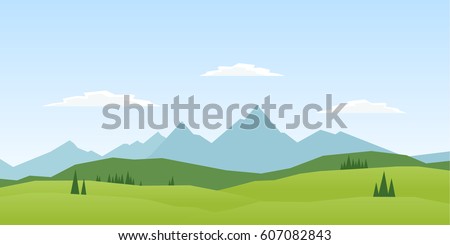 Vector illustration: Summer Mountains landscape with pines and hills. Royalty-Free Stock Photo #607082843