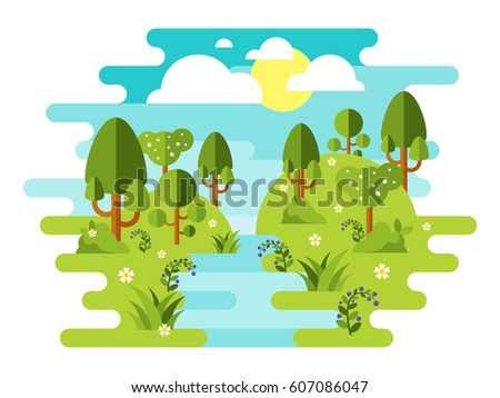 Spring landscape background with river trees flower, sky and sun in flat style