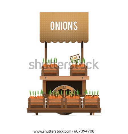A street market. Wood cart for sale bow. Selling vegetables in the boxes. Vector illustration isolated on white background.