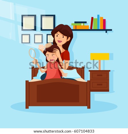 Cute Happy Mother's Day Activities Card Illustration - Brushing Daughter Hair