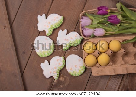 gingerbread cookies, painted, Easter bunny, flowers eggs, wood, elevated view, flat lay