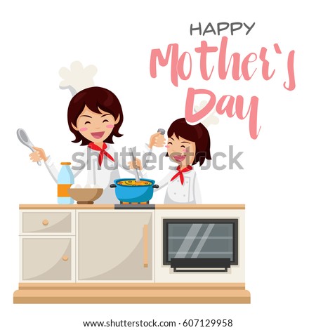 Isolated Cute Happy Mother's Day Mom And Daughter Baking Activities Illustration, Suitable For Social Media, Print, Web Banners, Decoration, Invitation and Other Mother's Day Related Activities
