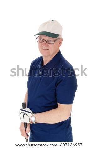 A seventy old senior standing with his white hat and blue t-shirt, holding
his iron in his hand, isolated for white background.
