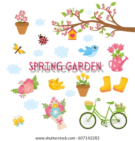 Spring garden set. Collection of spring elements. Flowers bouquet, birds, bike, tree branch.