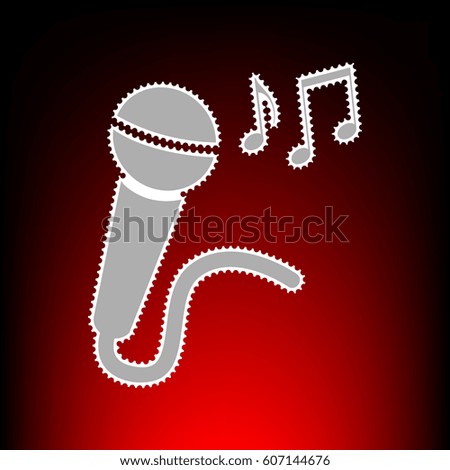 Microphone sign with music notes. Postage stam or old photo style on red-black gradient background.