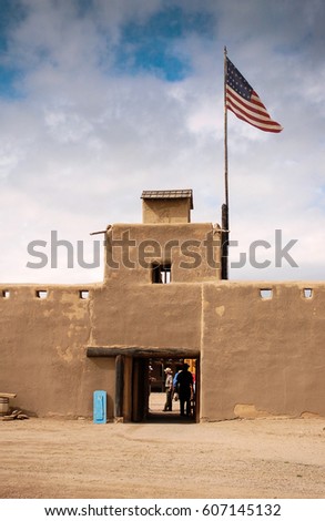 Front entrance to historic adobe Bent's Old Fort in La Junta, Colorado