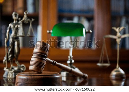 Law Concept. Judges Gavel And Scale Of Justice. wooden desk, books