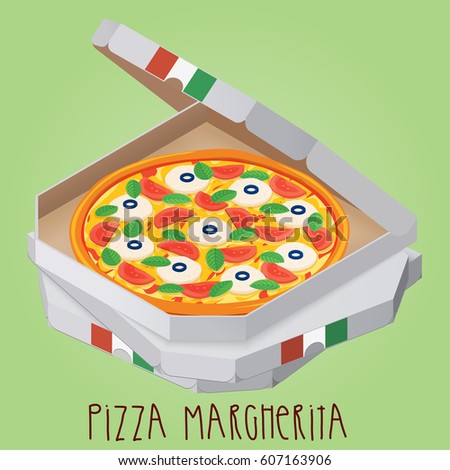 Pizza Margherita. Italian pizza in box. Vector illustration. 