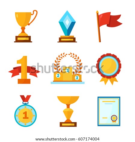 Sports medals and trophies in a set of flat icons. Vector set of sport icons. Royalty-Free Stock Photo #607174004