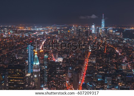 The New York City skyline at night, long exposure