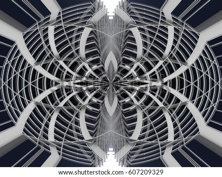 Decorative curvilinear grid structure resembling flower, butterfly or spiderweb. Reworked photo of architectural metal grid. Floral motif in modern architecture. Abstract technology background.