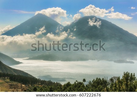 Landscape view at Lake Atitlan. At 1512m above sea level it is a body of water in a massive volcanic crater in Guatemalaâ??s southwestern highlands.