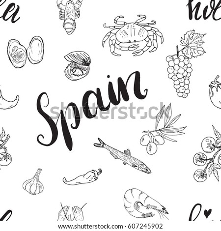 Spain seamless pattern doodle elements, Hand drawn sketch spanish food shrimps, olives, grape, flag and lettering. vector illustration background