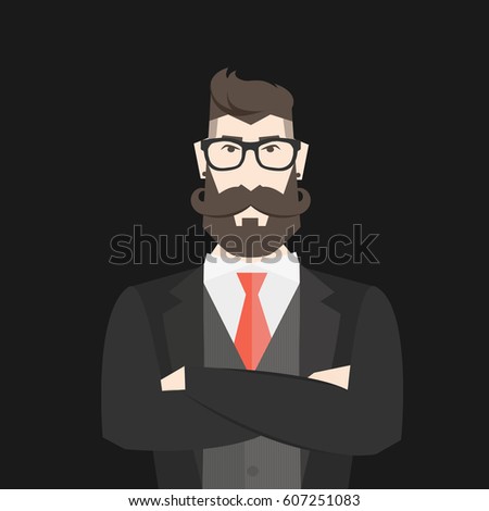 Man in black suit, Flat cartoon hipster character, vector illustration bearded man with tattoo, beard