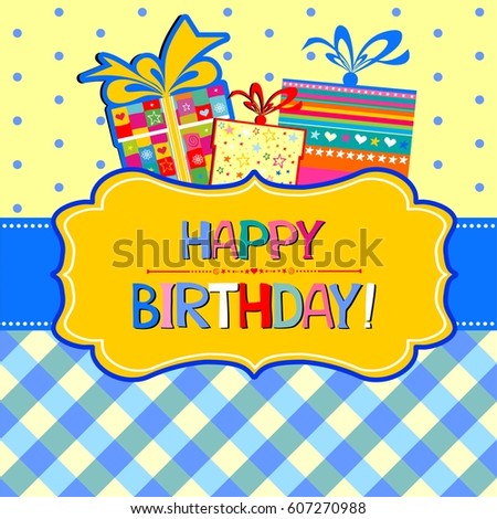 Birthday card. Celebration blue background with gift boxes and place for your text. vector illustration