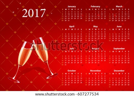 Vector American calendar 2017 with champagne, starting from Sundays