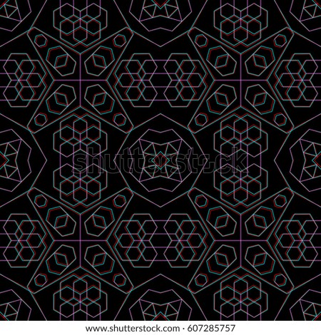 vector hexagonal abstract sacred geometry decoration sign anaglif colored three-dimensional illustration black background seamless pattern

