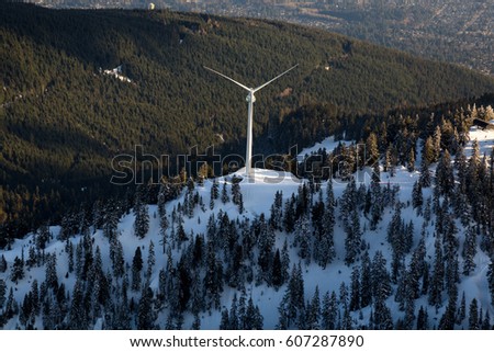 Wind Turbine on Grouse Mountain viewed from an aerial perspective. Picture taken on the North Shore of Vancouver, BC, Canada.