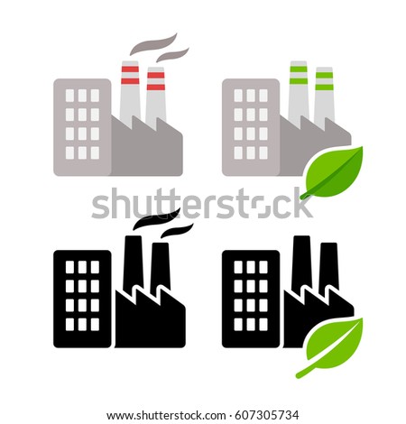 Traditional factory with smoke pollution and modern eco plant with green leaf. Ecology and environment industry illustration. Black and color icon.