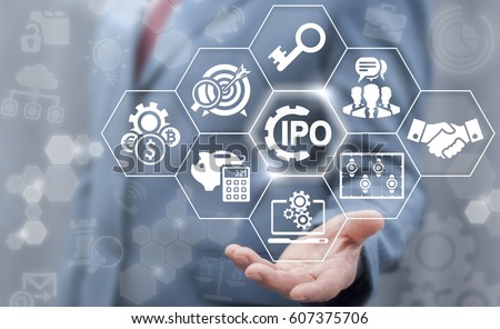 Initial Public Offering service finance business concept. Businessman touched gear IPO icon on virtual trading screen. Financial trade exchange investment and strategy technology.