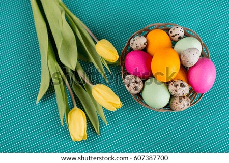 Easter bright composition: eggs in baskets, spring mood, tulip