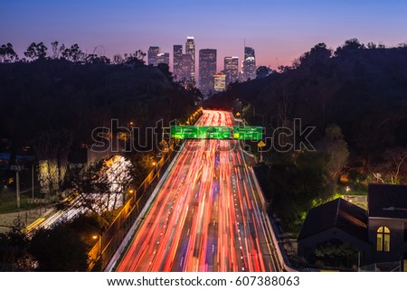 Traffic in downtown Los Angeles, California at night