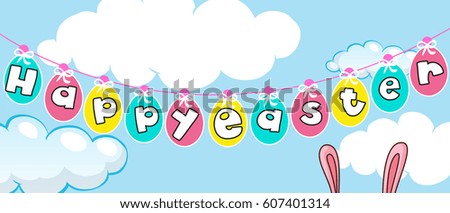 Happy Easter card template with eggs in the sky illustration