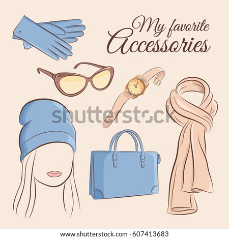 Fashion vector set. Illustration of a stylish trendy accessory with a girl. Gloves, sunglasses, wristwatch, hand bag, knitted hat, scarf. Illustration in hand drawing style for your design.
