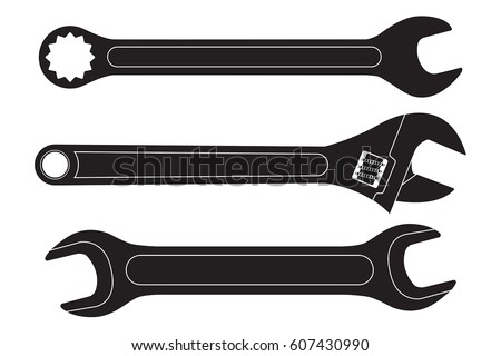 Set of wrenches. Black flat icons. Vector illustration isolated on white background Royalty-Free Stock Photo #607430990