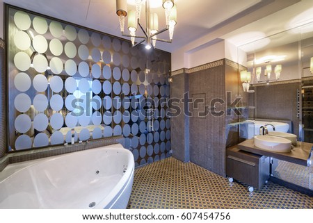 Russia, Moscow - modern designer renovation in a luxury building. Stylish bathroom interior