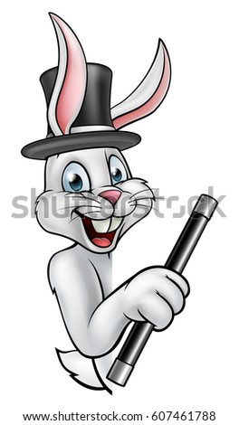 A cartoon white rabbit magician character peeking around a sign wearing a hat and holding a magic wand