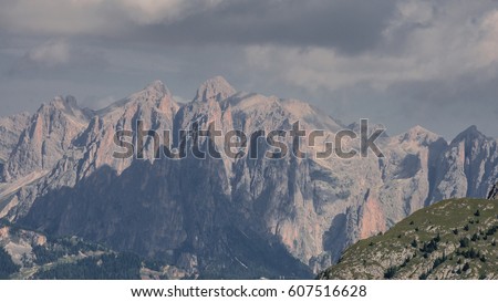 Catinnacio/Rosengarten mountain massif west face as seen from Buffaure group (and winter ski area) above Pozza di Fassa village, Fassa valley, Dolomites, Trentino, South Tyrol, Italy