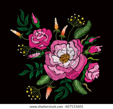 Ethnic embroidery pink rose peony flowers floral design. Fashion satin stitch stitches ornament on black for textile, fabric traditional folk decoration. Vector illustration stock vector.