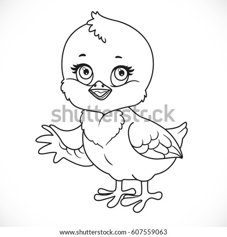 Cute baby chick shows a side outlined for coloring isolated on a white background