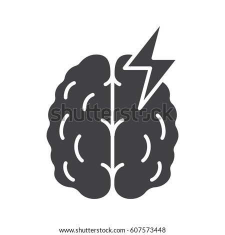 Stroke glyph icon. Cerebral hemorrhage silhouette symbol. Human brain with lightning. Negative space. Vector isolated illustration