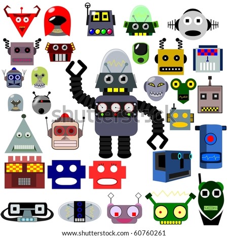 Thirty vector robot heads and one whole robot, retro and modern style