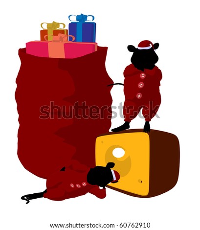 Little cute mouses with christmas presents silhouette on a white background