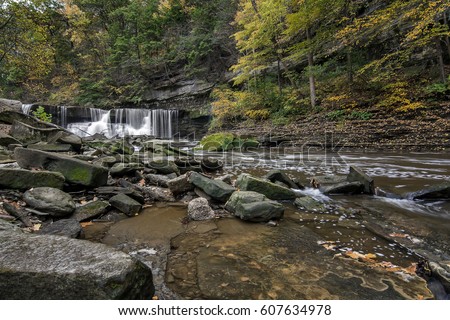 Beautiful autumn scene at The Great Falls of Tinker's Creek Gorge in Cleveland Ohio. 