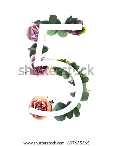 White photo number 5 on the leaves and rose flowers background. Typographic element for design. Part of flower alphabet. Digit five