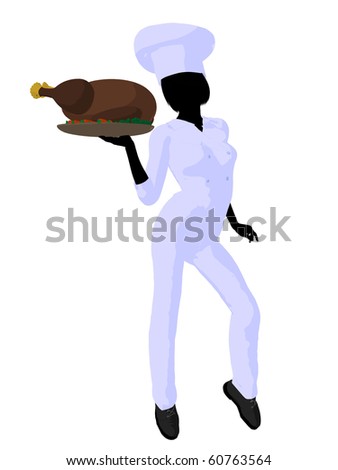 Female chef with a turkey dinner silhouette on a white background