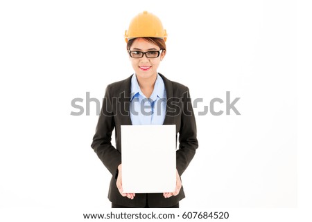 Asian engineer woman isolated on white background holding sign. For engineering, architecture, construction, real estate, housing, safety, inspection, contract, young engineering career design.